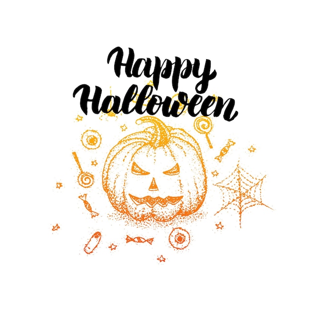 Gelukkig halloween-dotwork. vectorillustratie van pompoen handgetekende.