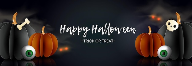 Gelukkig halloween horizontaal bannerontwerp. papieren pompoenen met glazen ogen, botten, onheilspellende lichten op een donkere achtergrond in de mist.