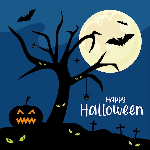 Gelukkig halloween met pompoenbeeldverhaal met boom en vleermuizenontwerp, vakantie en eng thema.