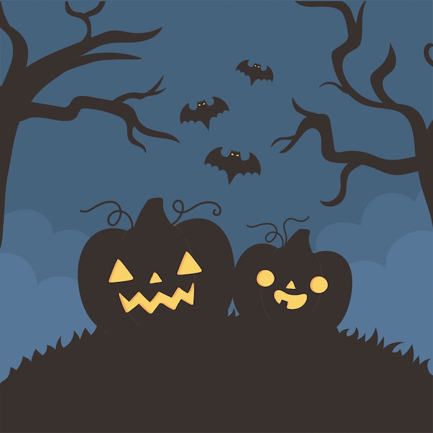 Gelukkig halloween, pompoenen vliegende vleermuizen boom nacht trick or treat partij viering vectorillustratie