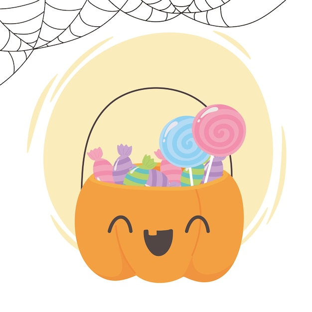 Gelukkig halloween, schattige pompoenvormige mand met snoepjes, trick or treat feestviering