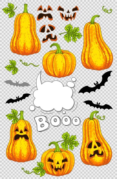Gelukkig halloween-set. vector sjabloon in een cartoon-stijl voor uw ontwerp voor de vakantie. pompoen, vreselijke glimlach, spreekbel, vampiervleermuis
