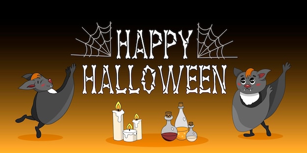 Vector gelukkig halloween vleermuizen banner. leuke dansende vleermuizen op een halloween-feest.