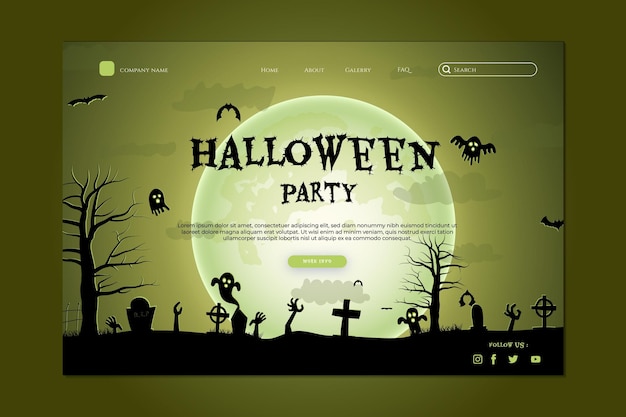 Gelukkig Halloween-websiteontwerp. Platte Halloween-bestemmingspaginasjabloon met silhouetten van pompoenen, b