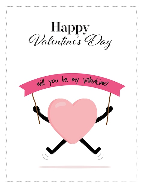 Gelukkig hart karakter met banner en bericht Valentijnsdag kaart Vector