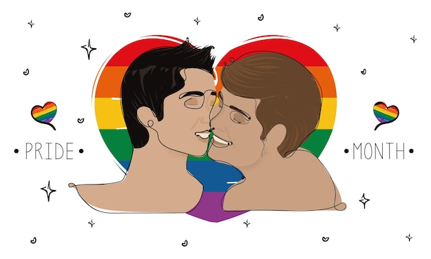 Vector gelukkig homoseksueel paar die elkaar kussen lgbt pride vector illustration