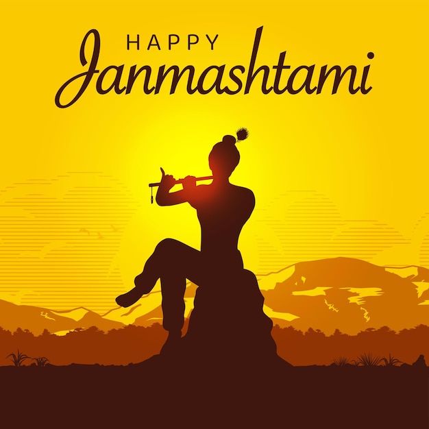 Gelukkig Janmashtami festival Heer Krishna die fluit silhouet Vector speelt