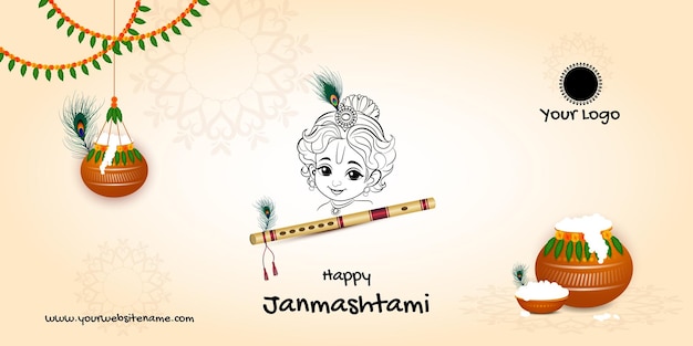 Gelukkig janmashtami matki en bansuri met heer krishna illustratie banner postontwerp