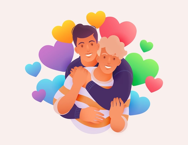 Vector gelukkig jong lgbtq plus paar met homomannen knuffelen op regenboog gekleurde hart achtergrond