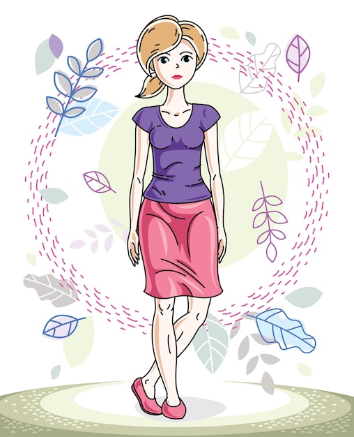 Gelukkig jonge blonde vrouw die zich voordeed op de achtergrond van lente landschap en het dragen van modieuze casual kleding. Vector aantrekkelijke vrouwelijke illustratie. Lente mode en lifestyle thema cartoon.