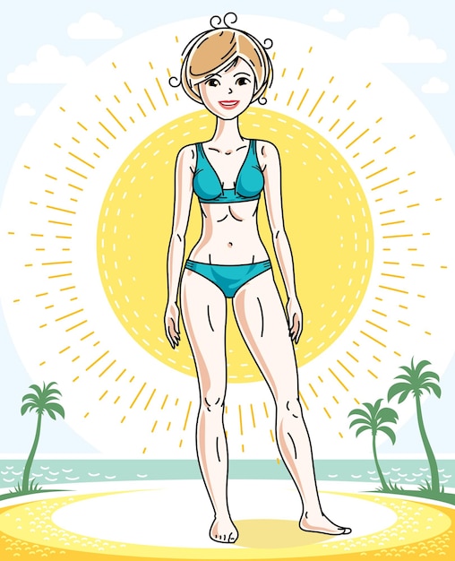 Gelukkig jonge blonde vrouw die zich voordeed op tropisch strand met palmen en blauwe zwembroek dragen. Vector aantrekkelijke vrouwelijke illustratie. Zomer levensstijl thema cartoon.