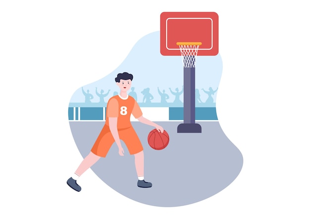 Gelukkig jonge man spelen basketbal platte ontwerp illustratie dragen mand uniform in outdoor rechtbank voor achtergrond, poster of banner