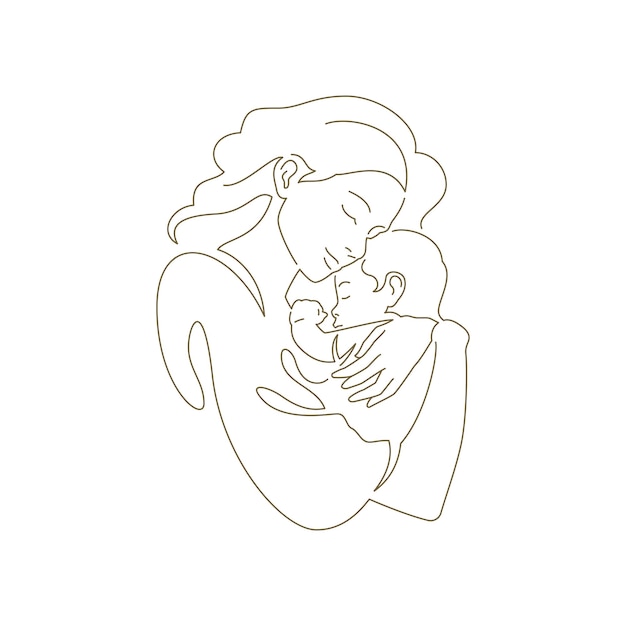 Gelukkig jonge moeder knuffelen zoontje voorgevormde silhouet doorlopende lijn kunst stijl logo vector illustratie Familie mama en baby kind kind omarmen met liefde en tederheid minimale pictogram