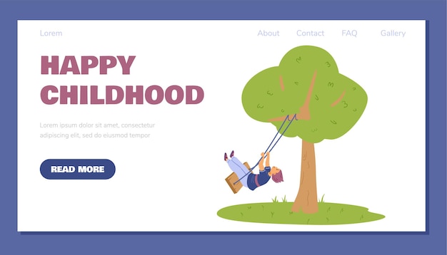 Gelukkig kind jongen zwaaien op touw schommel onder de boom bestemmingspagina of banner sjabloon platte vectorillustratie