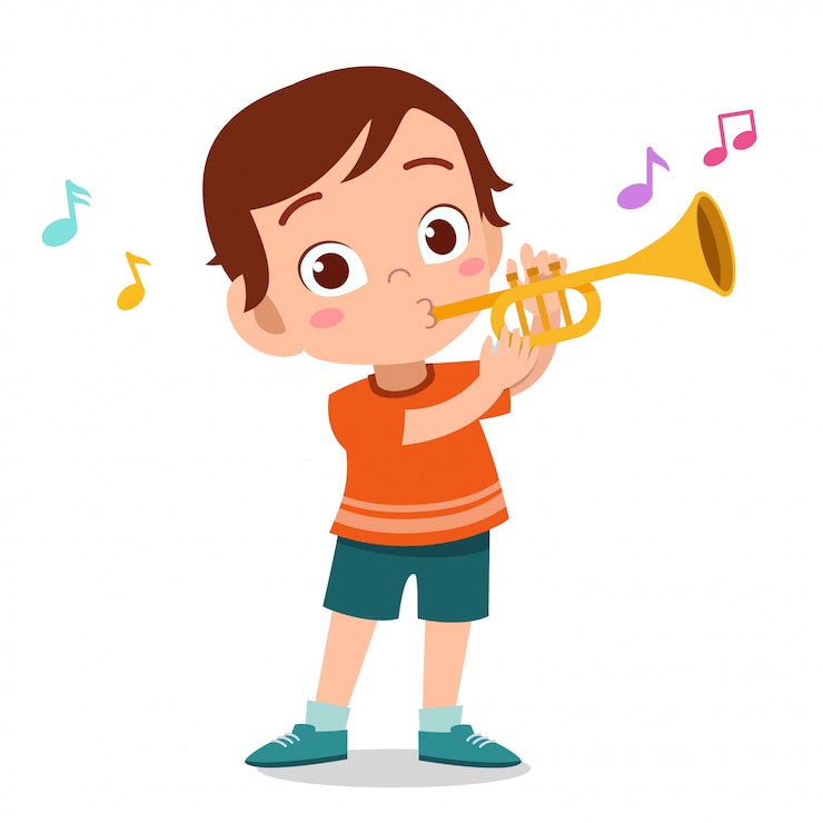 Vector gelukkig kind trompet muziek vector spelen