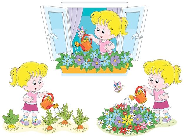 Gelukkig klein meisje dat groenten water geeft in een tuin, bloemen op een vensterbank en een bloembed