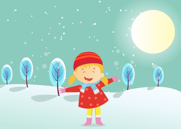 gelukkig klein meisje genieten van buiten-winter