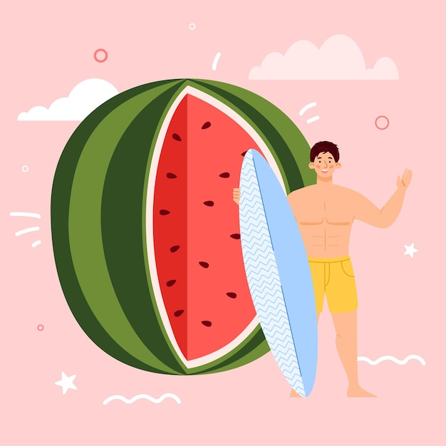 Gelukkig kleine jonge man permanent met surfplank op achtergrond enorme rijpe watermeloen