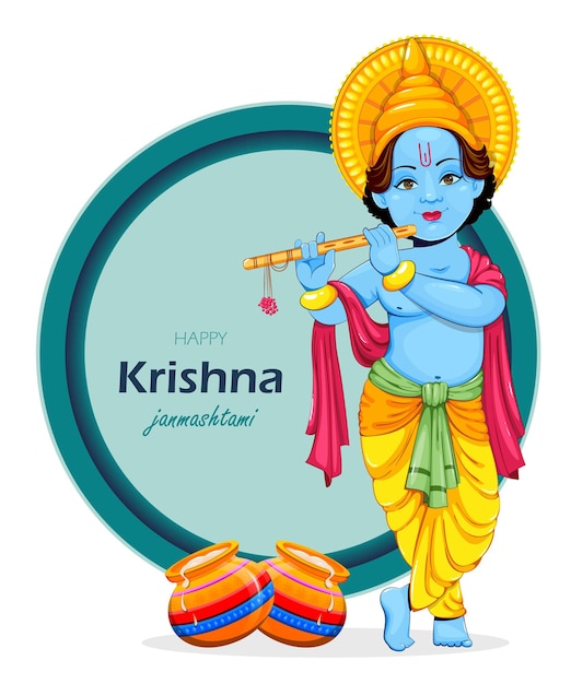 Gelukkig krishna janmashtami-wenskaart. heer krishna die fluit betaalt. voorraad vectorillustratie op abstracte achtergrond