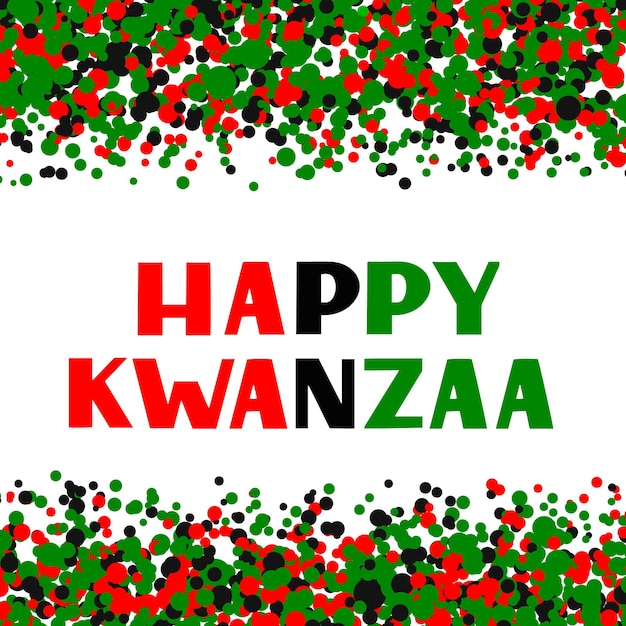 Gelukkig Kwanzaa hand belettering op rood groen zwarte stippen confetti achtergrond African American vakantie Vector sjabloon voor typografie poster banner wenskaart briefkaart sticker flyer enz