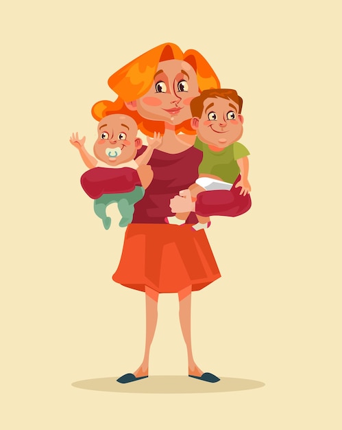 Vector gelukkig lachend moeder karakter twee kinderen in handen houden