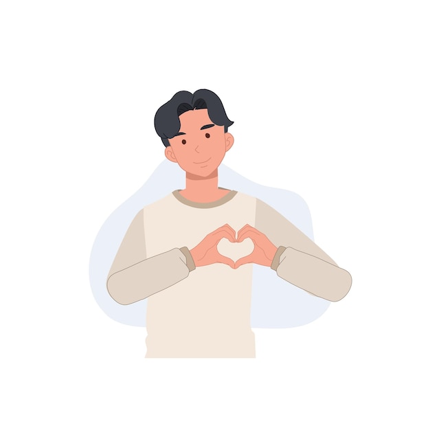 Gelukkig lachende diverse man met handgebaren hartsymbool zoals en liefde met handen platte vector cartoon karakter illustratie