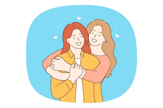 Gelukkig lesbisch koppel knuffel knuffel tonen gevoelens glimlachende homoseksuele meisjes omarmen tonen liefde en genegenheid gay en lgbt samenleving concept platte vector illustratie stripfiguur