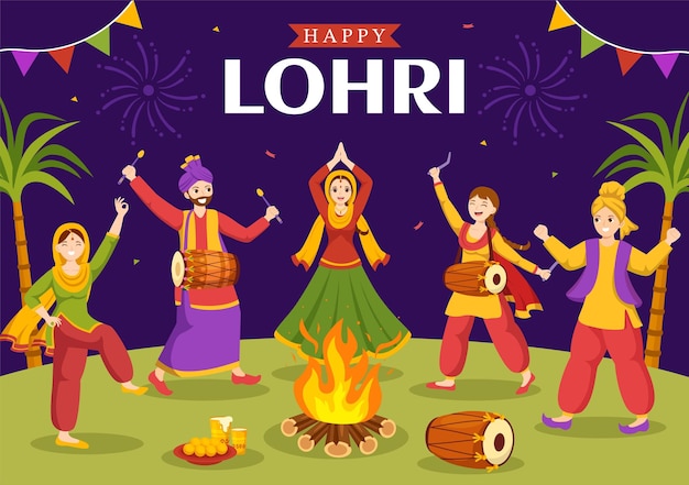 Gelukkig Lohri-festival van Punjab India Illustratie met dans en vreugdevuur in handgetekende sjablonen