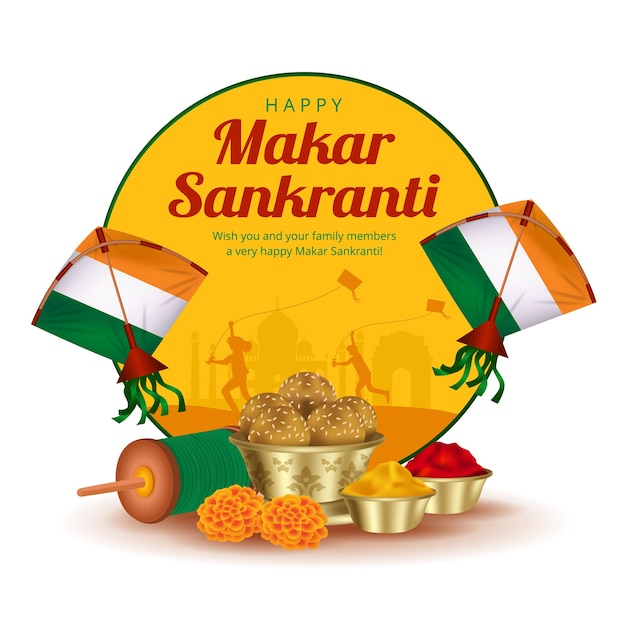 Gelukkig makar sankranti-festivalbanner met silhouet van kinderen die vliegers, papieren vliegers en sesamzaadbal of tilgul ladoo vliegen.