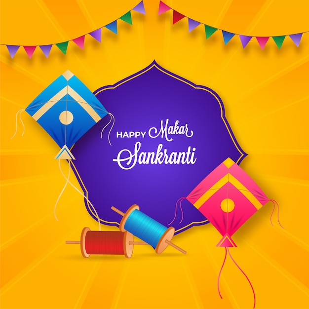 Vector gelukkig makar sankranti-lettertype met vliegers