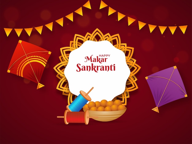 Gelukkig makar sankranti-lettertype op mandala-frame met realistische vliegers