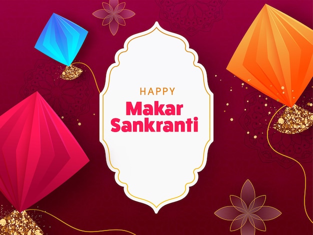 Gelukkig Makar Sankranti-lettertype over Wit Vintage Frame en kleurrijke Origami-papieren vliegers op rode bloemenachtergrond.
