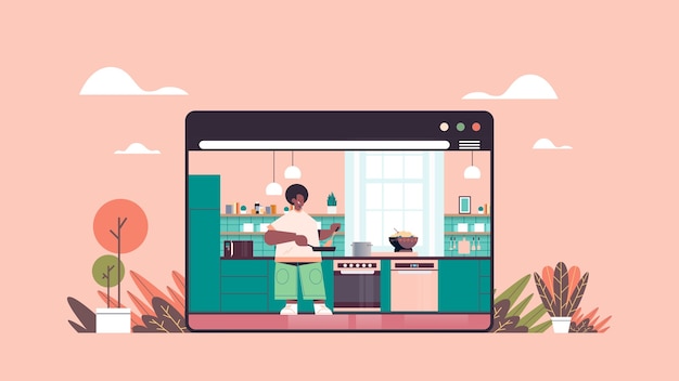 gelukkig man bereiden van gezond voedsel thuis online koken concept moderne keuken interieur web browservenster horizontaal