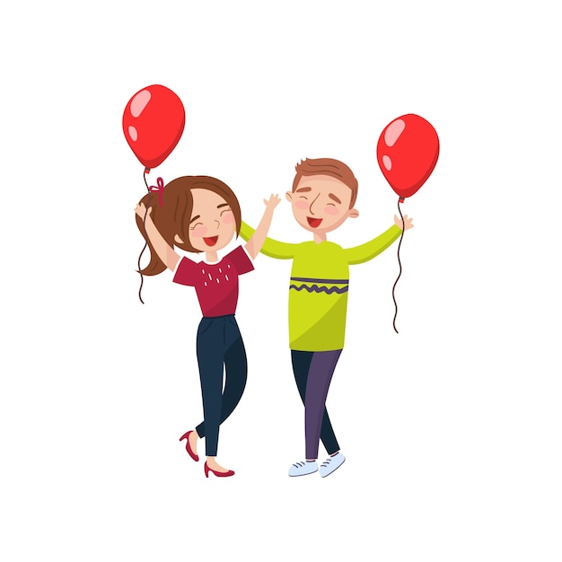 Vector gelukkig man en vrouw vieren met rode ballonnen cartoon vector illustration