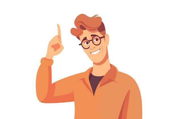 Vector gelukkig man in glazen omhoog wijzend met de vinger suggereert een helder idee creatief brainstormen en besluitvorming concept vector illustratie