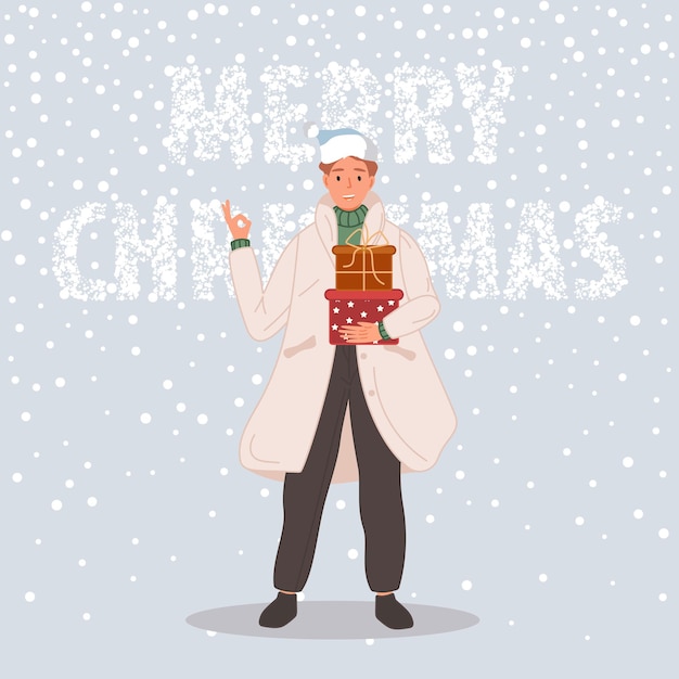 Gelukkig man met kerstcadeaus man dragen in kerstmuts op sneeuw achtergrond merry christmas concept