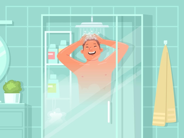 Vector gelukkig man wast in de douche. dagelijkse hygiëneprocedures. vectorillustratie in vlakke stijl