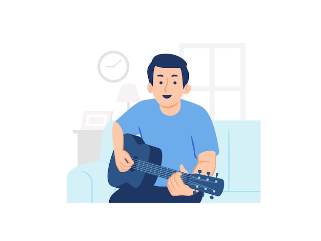 Gelukkig man zittend op de bank en gitaar spelen in de woonkamer thuis concept illustratie