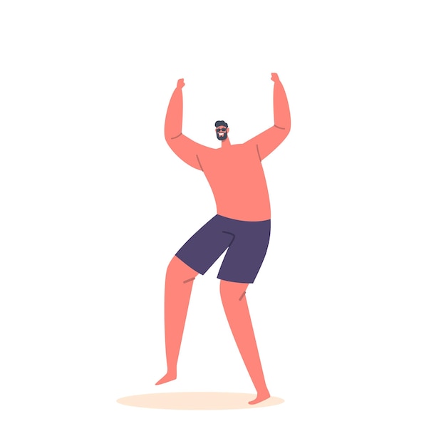 Gelukkig mannelijk personage springen met handen omhoog Man viert strandfeestpersoon in zwemshort Plezier op vakantie