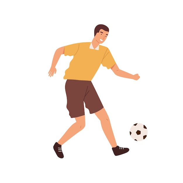 Gelukkig mannelijke profvoetballer schoppen de bal platte vectorillustratie. Glimlachende man ervaren sportman in uniform hardlopen, voetballen geïsoleerd op wit. Actieve man die van sport geniet.