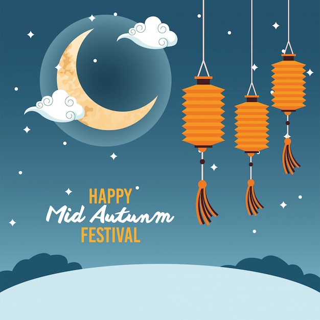 Gelukkig medio herfstfestival met maan en lantaarns hangende illustratie