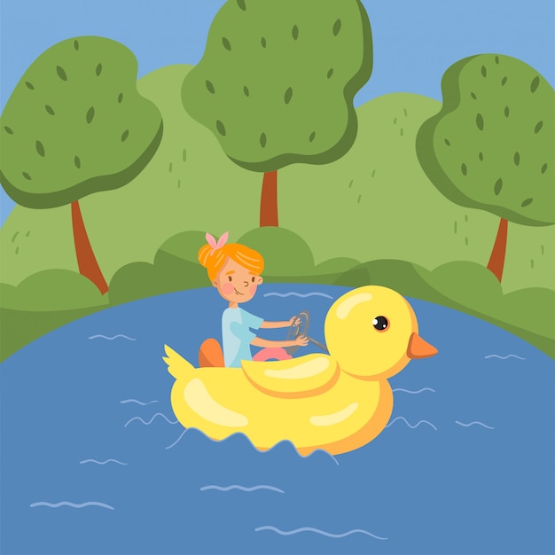 Gelukkig meisje die water van ritten op een drijvende reuze gele eend op meer genieten, de kleurrijke Illustratie van het de zomerlandschap ,.