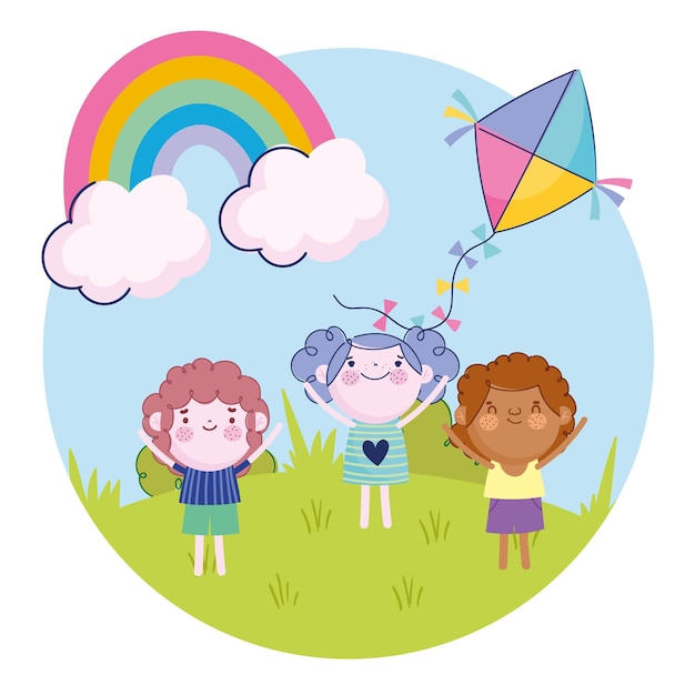 Gelukkig meisje en jongens met vlieger regenboog buiten cartoon, kinderen illustratie