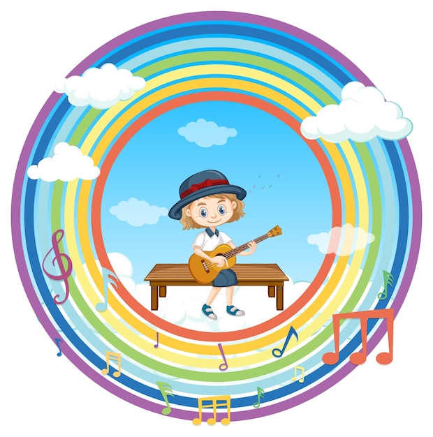 Gelukkig meisje gitaar spelen in regenboog ronde frame met melodie symbool