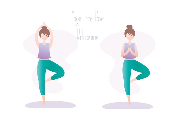 Gelukkig meisje in yoga stelt twee varianten van boomhouding of Vrikshasana asana in hatha yoga vector