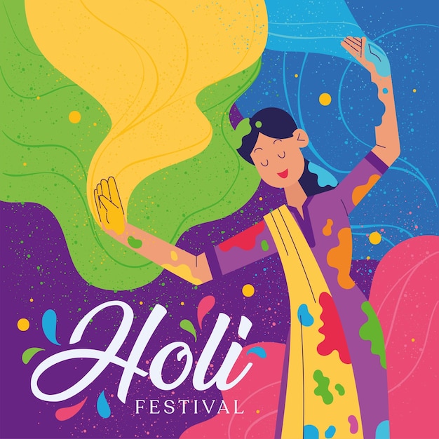 Gelukkig meisje karakter met verf en poeder Holi festival poster Vector