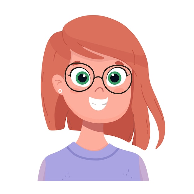 Gelukkig meisje lacht. Menselijke emoties. Vectoravatar met gelukkige vrouw die glazen draagt.