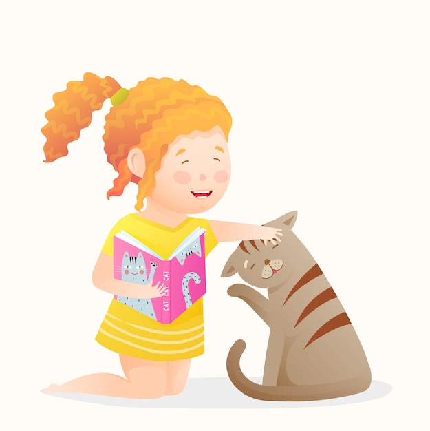 Vector gelukkig meisje leesboek spelen aan haar kat, schattige kleine jongen en kitten vrienden met een goede tijd samen. grappige lachende kind- en kattenkarakters voor kinderen. cartoon tekenen in aquarel stijl.