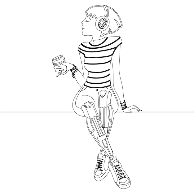 Gelukkig meisje met prothetische benen koffie drinken en genieten van het leven Line art vector.gehandicapte mensen.