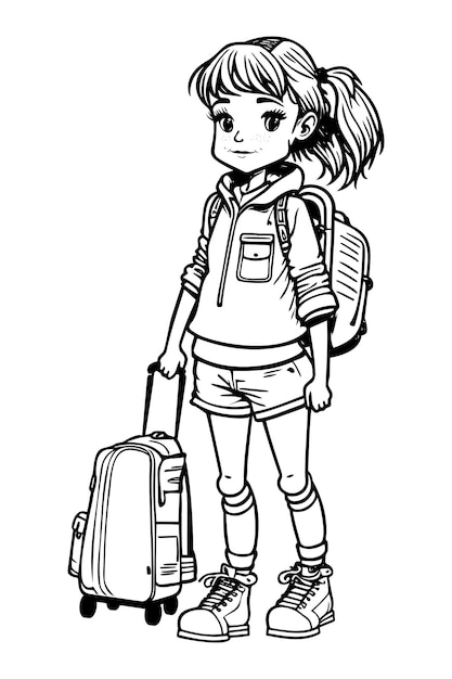 Gelukkig meisje reiziger uitvoering van een koffer en rugzak kleurplaat pagina vectorillustratie